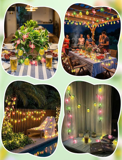 8.5Ft Summer Beach Hawaiian String Lights Outdoor with 10 LED Flamingo Pineapple Palm Tree Lights, Plug in Tropical Party Decorations Lights for Patio Backyard Garden Window Tiki Bar Pool Party Decor