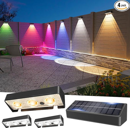 JOFIOS Solar Fence Lights Outdoor, 4 Pack, 9 Fixed Colors ＆ Color Changing Fence Lights Solar Powered Waterproof IP65 Dusk-to-Dawn LED Deck Lighting for Patio, Railing, Pool, Porch, Backyard, Wall