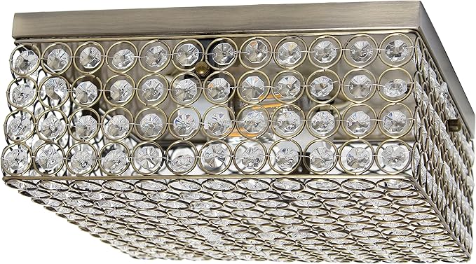 Elegant Designs FM1004-ABS Elipse Crystal 12 Inch Modern Metal 2 Light Squared Ceiling Flush Mount Fixture, Antique Brass