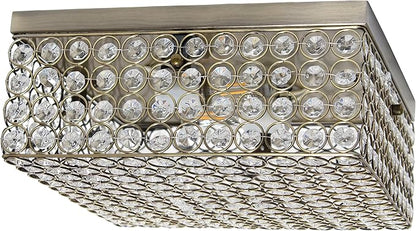 Elegant Designs FM1004-ABS Elipse Crystal 12 Inch Modern Metal 2 Light Squared Ceiling Flush Mount Fixture, Antique Brass