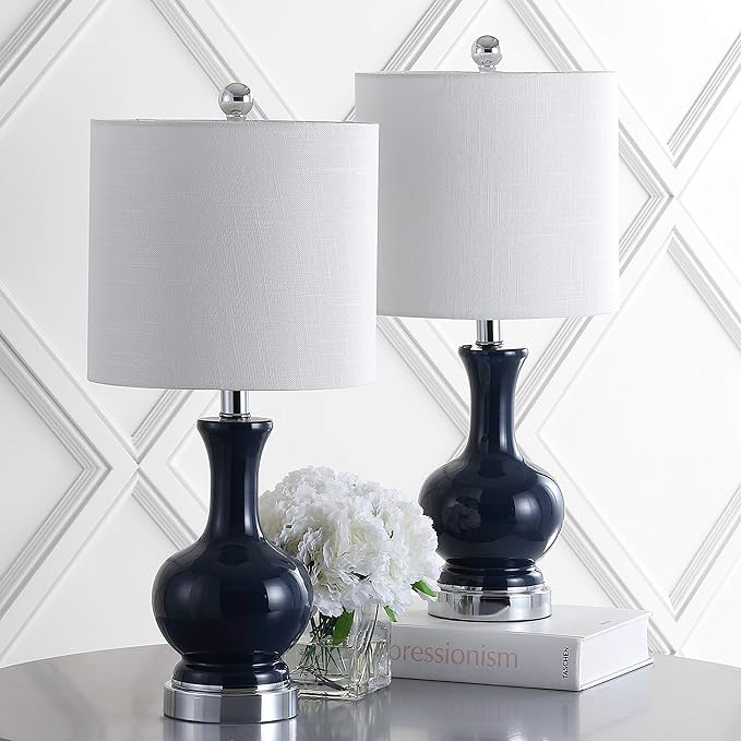 JONATHAN Y 21.5" Navy/Chrome Modern Glass Table Lamp Set of 2, Brass Gold Bedside Lamp with White Linen Shade for Bedroom Living Room, LED Bulbs Included (JYL4033C-SET2)