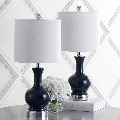 JONATHAN Y 21.5" Navy/Chrome Modern Glass Table Lamp Set of 2, Brass Gold Bedside Lamp with White Linen Shade for Bedroom Living Room, LED Bulbs Included (JYL4033C-SET2)