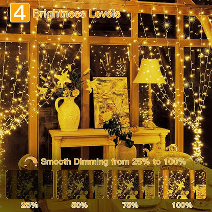 Ollny Curtain Lights 6.6x6.6ft, 200 LED String Lights with Remote 8 Modes Dimmable Timer, USB Power Fairy Light for Bedroom Backdrop Indoor Wall Window Christmas Decorations, Warm White