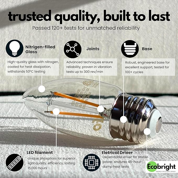 EcoBright Dimmable LED Candelabra Light Bulbs B11 Chandelier Bulbs 40W Equivalent E26 Base 2700K Warm White High CRI Flicker Free ETL and FCC Certified Decorative Filament Bulbs 8 Pack