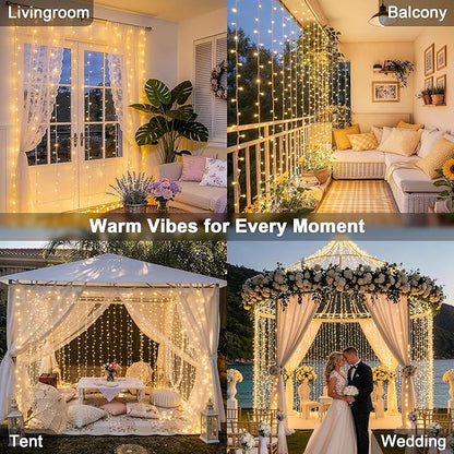 JMEXSUSS 900 LED Outdoor Curtain Lights, 9.5x29.5ft Christmas Lights Plug in with Remote, Twinkle Hanging String Light for Bedroom Wall Wedding Backdrop Window Gazebo Decor, Warm White