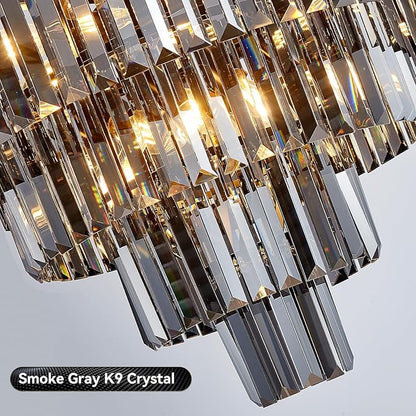 24'' Smoke Gray Crystal Chandelier Black Modern Luxury Light Fixture for Dining Room 4-Tier Round Hanging Pendant Ceiling Lighting for Entryway Foyer Living Room Bed Room Adjustable Height