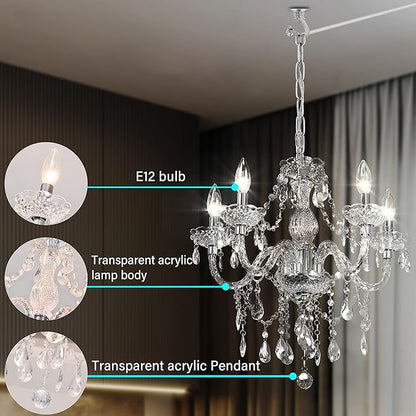 PAPAYA Plug-in 5 Light Crystal Hanging Pendant Lights Acrylic Chandelier with Clear Cord & On/Off Switch H19 D19.7 for Kitchen Island Girls' Room Dining Area Laundry Pavilion.