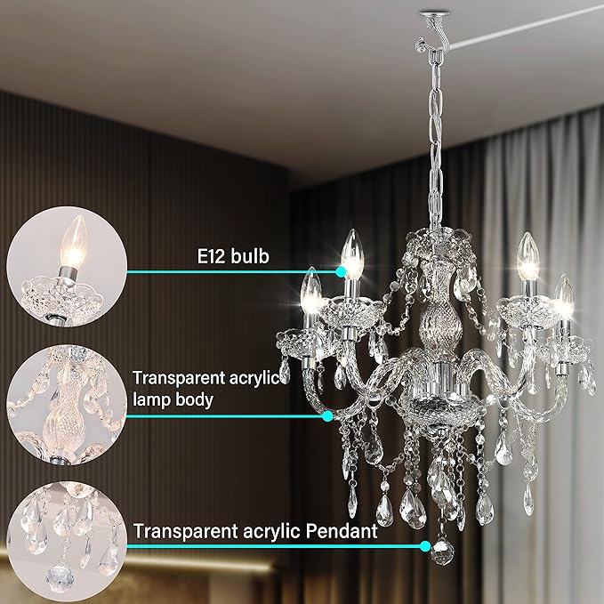 2PCS Plug-in 5 Light Crystal Hanging Pendant Lights Acrylic Chandelier with Clear Cord & On/Off Switch H19 D19.7 for Kitchen Island Girls' Room Dining Area Laundry Pavilion