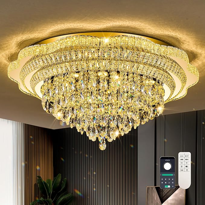 40" Gold Crystal LED Ceiling Light Fixture with Remote Control,Large Flush Mount Chandelier with 3-Color Dimmable for Living Room Bedroom Dining Room