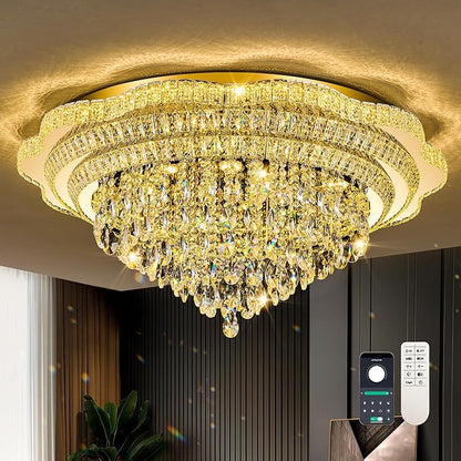 40" Gold Crystal LED Ceiling Light Fixture with Remote Control,Large Flush Mount Chandelier with 3-Color Dimmable for Living Room Bedroom Dining Room