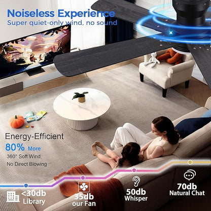 Ayaoty 52" Black Ceiling Fans with Lights and Remote - Flush Mount Fan Light with 5 Reversible Blades, 3CCT Dimmable, DC, Low Profile Ceiling Fan for Modern Indoor, Covered Outdoor