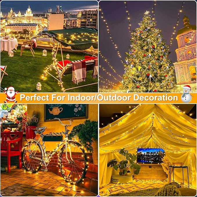 2 Pack Christmas Lights Outdoor, Total 200FT 600LED String Lights for Outside Waterproof with 8 Modes, Warm White Fairy Twinkle Lights Green Wire for Indoor Room Patio Garden Party Holiday Decorations