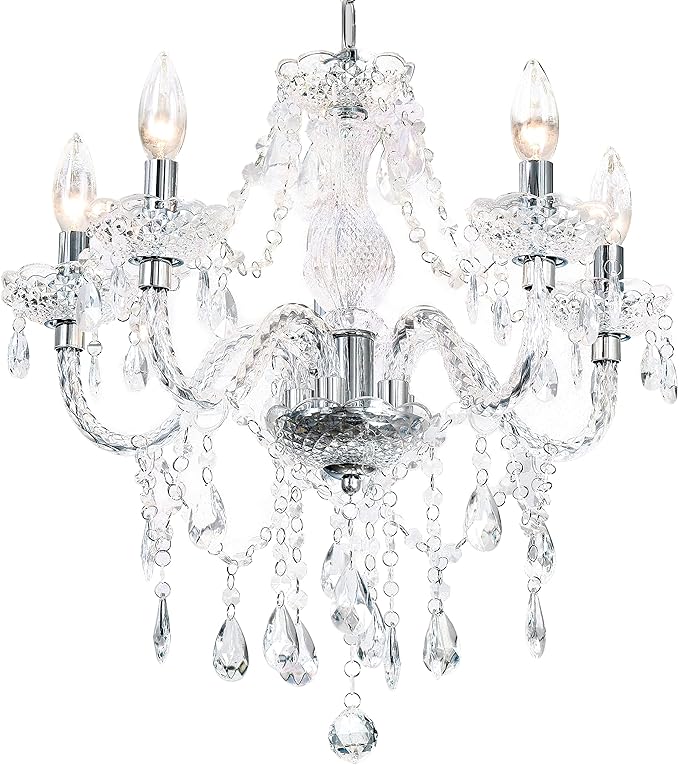 PAPAYA Crystal Chandeliers Clear Chandelier 5-Light Modern Pendant Ceiling Lighting Fixture with Acrylic Crystals & Beads for Girls Room,Living Room,Kitchen Island,Entryway