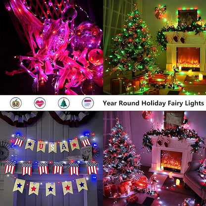 BrizLabs Color Changing Fairy Lights - 33ft 100 LED Red White & Blue Lights with Remote, Patriotic Light Music Sync Rainbow Christmas Tree Lighting with Timer for Xmas Halloween July 4th Party Home