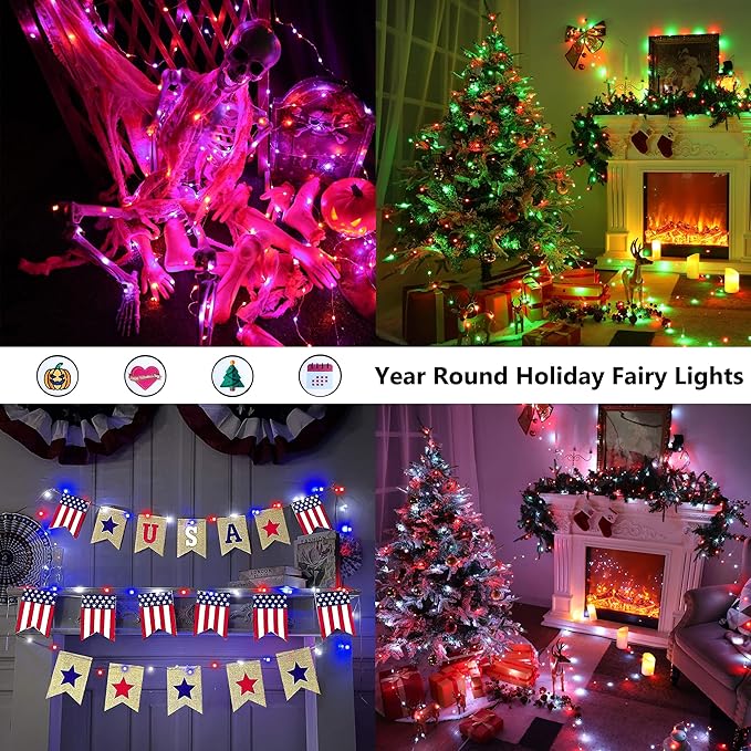 BrizLabs Color Changing Fairy Lights, 66ft 200 LED Red White Blue Fairy Lights with Remote, July 4th Lighting with Timer Dimmable Twinkle Light Music Sync for Indoor Xmas Halloween 4th of July Party