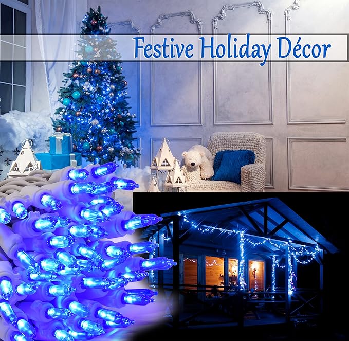 Holiday Essence - Blue LED Christmas String Lights, 100 Count Wire 26.9 Ft Incandescent Patriotic Memorial 4th July Traditional Light Set for Indoor & Outdoor Home Décor, Wedding Lighting Decoration