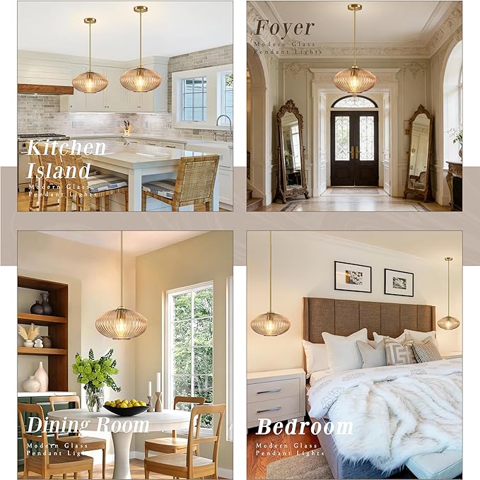 10" Amber Glass Modern Pendant Light Kitchen Island 2 Pack Brushed Gold Mid Century Modern Pendant Lighting with Clear Amber Glass Hanging Pendant Light for Dining Room（Bulb Incl.）