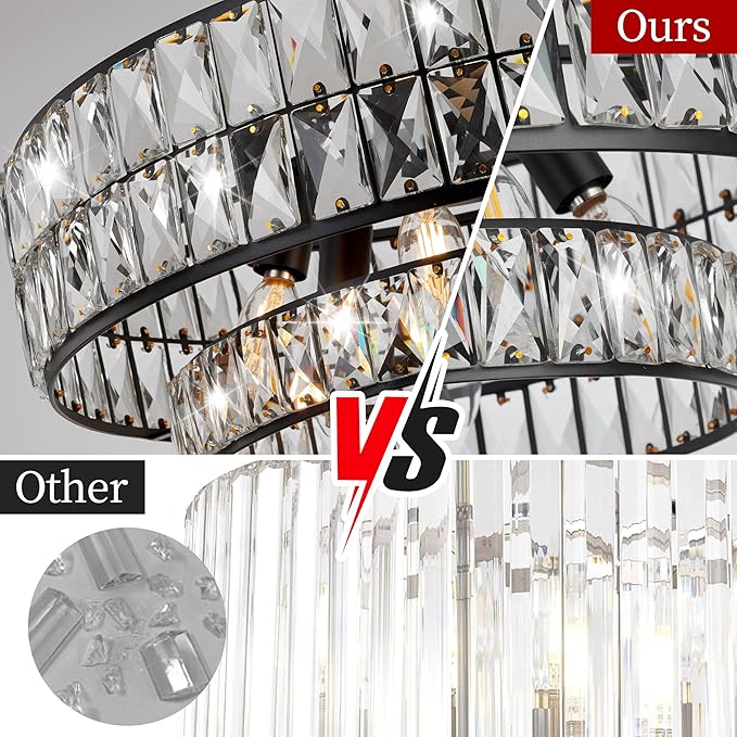 Black Crystal Chandelier 6-Light, 20 Inch Drum Semi-Flush Mount Pendant Light, Modern Ceiling Fixture for Dining Room, Foyer, Bedroom