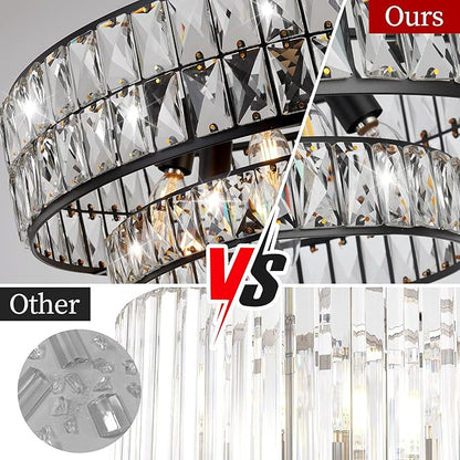 Black Crystal Chandelier 6-Light, 20 Inch Drum Semi-Flush Mount Pendant Light, Modern Ceiling Fixture for Dining Room, Foyer, Bedroom