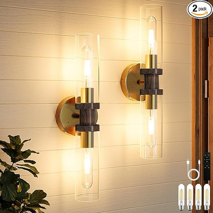 10000mAh Battery Operated Wall Sconce Set of 2, Gold & Walnut Rechargeable Wall Sconces, Modern Cordless Wall Lights with Remote Control, Dimmable for Living Room, Bedroom, Hallway, Entryway 3000K