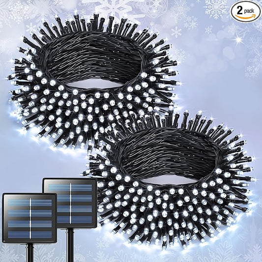 JMEXSUSS 2 Pack Solar String Lights Outdoor Waterproof, Total 400 LED 151FT Solar Christmas Lights Outdoor, 8 Modes Christmas Light for Outside Patio Yard Tree Decorations, White