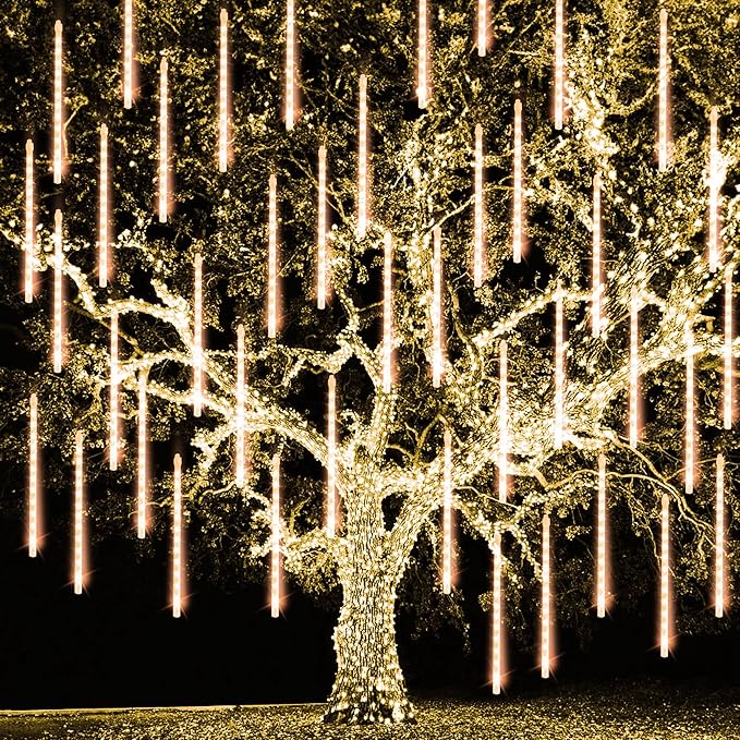 Christmas Meteor Shower Lights Outdoor, 288 LED 12" 8 Tubes Waterproof Christmas Lights Outdoor Plug in, Snow Falling Rain Icicle Xmas Light Decorations, Warm White