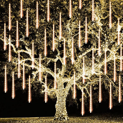 Christmas Meteor Shower Lights Outdoor, 288 LED 12" 8 Tubes Waterproof Christmas Lights Outdoor Plug in, Snow Falling Rain Icicle Xmas Light Decorations, Warm White