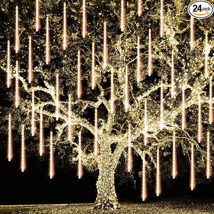 TW SHINE Christmas Meteor Shower Lights Outdoor, 864 LED 12" 24 Tubes Waterproof Christmas Lights Outdoor Plug in, Snow Falling Rain Icicle Xmas Light Decorations, Warm White