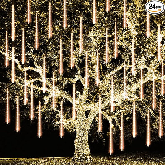 TW SHINE Christmas Meteor Shower Lights Outdoor, 864 LED 12" 24 Tubes Waterproof Christmas Lights Outdoor Plug in, Snow Falling Rain Icicle Xmas Light Decorations, Warm White