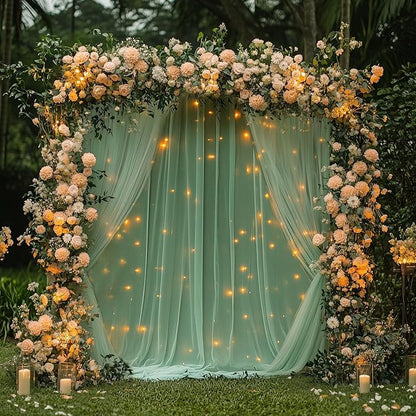 Fomcet Tulle Curtains with Lights String Green 10FT X 10FT Sheer Backdrop Curtains for Parties Wedding Baby Shower Photo Shoot Decorations (2 Panels 5x10FT)