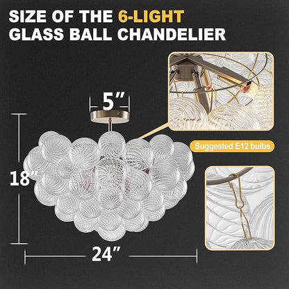 Hand Blown Glass Bubble Ball Chandelier Nickel-Plated 24" Semi-Flush Mount Ceiling Lights Art Deco Cluster Ribbed Glass Globe Chandeliers Light Fixture for Dining Living Bedroom Island