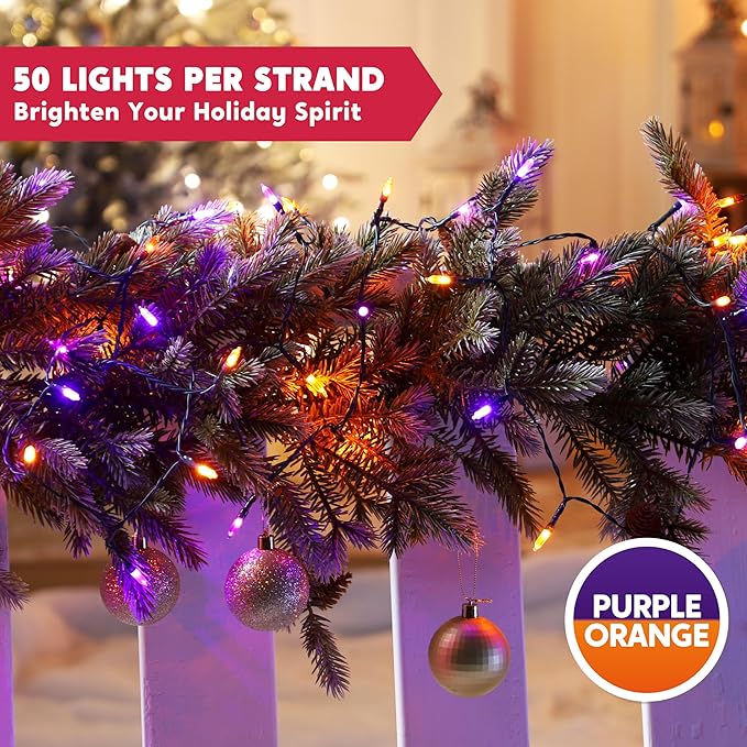 Joiedomi 16.3FT Orange&Purple Halloween Lights,2×50 Count Battery Operated Christmas String Tree Fairy LED Lights with 8 Modes,Multifunction Green Wire with Timer for Xmas Decor Party Holiday