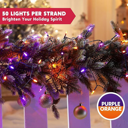 Joiedomi 16.3FT Orange&Purple Halloween Lights,2×50 Count Battery Operated Christmas String Tree Fairy LED Lights with 8 Modes,Multifunction Green Wire with Timer for Xmas Decor Party Holiday