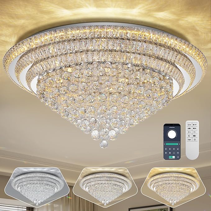 Miuyhji 40“ Elegant LED Crystal Raindrop Ceiling Light, Flush Mount Chandelier Light Fixture with Remote Control for Living Room Kitchen Island Bedroom Hallway Entryway Foyer(Dimmable)