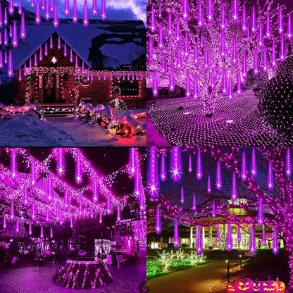 Adecorty Halloween Lights Outdoor, Purple Halloween Decorations Meteor Shower Light Christmas Lights Outdoor 8 Tubes 192 LED Falling Rain Dripping Icicle Light for Xmas Christmas Decor Party,UL Plug