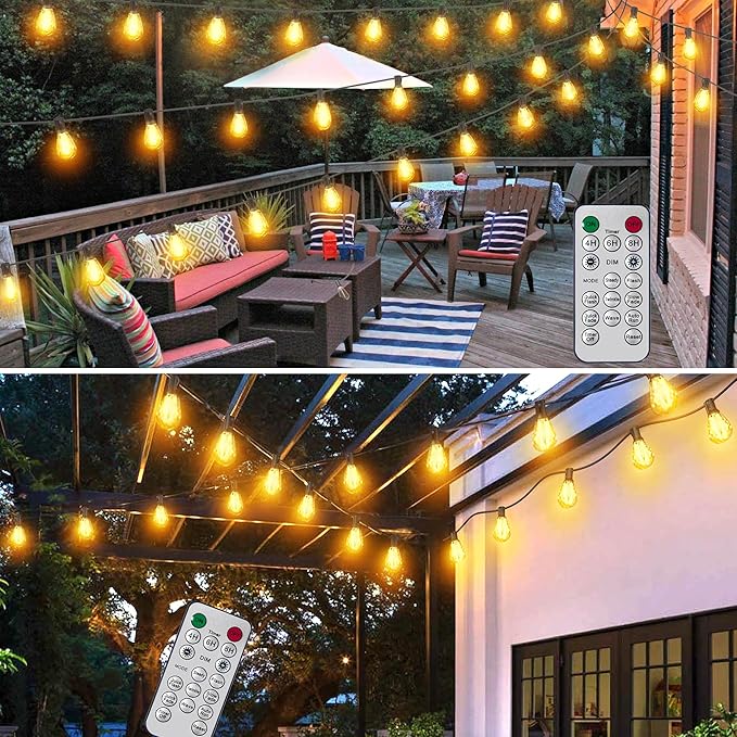 BLIATLUS 50FT Solar String Lights Outdoor Waterproof with Remote Control Solar Patio Lights 15+2 shatterproof LED Bulbs for Porch Garden Market Bistro Patio Backyard Fence