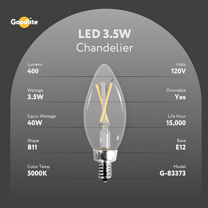 Goodlite C32 LED Chandelier Bulb, Torpedo Tip, 3.5W (40W Equal), Dimmable, 400 Lumens, Super White 5000K, 15k Hours, Eco-Friendly, Ideal for Candelabra & Decorative Lighting, E12 Base, 1ct. (G-83373)
