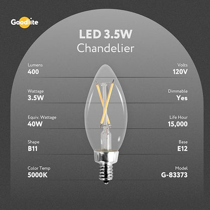Goodlite C32 LED Chandelier Bulb, Torpedo Tip, 3.5W (40W Equal), Dimmable, 400 Lumens, Super White 5000K, 15k Hours, Eco-Friendly, Ideal for Candelabra & Decorative Lighting, E12 Base, 1ct. (G-83373)