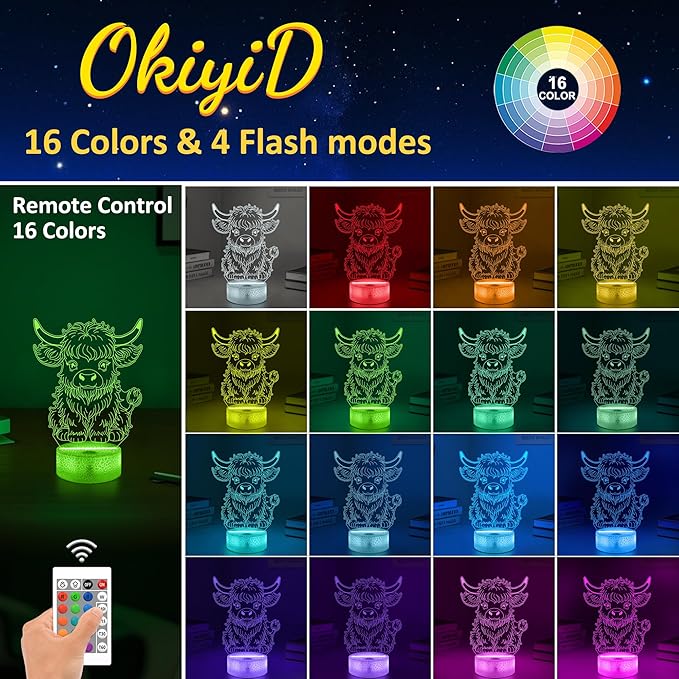 OkiyiD Highland Cow Gifts for Boys Girls,Highland Cow Night Light 3D Illusion lamp with 16 Colors Changing,Moo Decor for Kids Room Decor Birthday Gifts