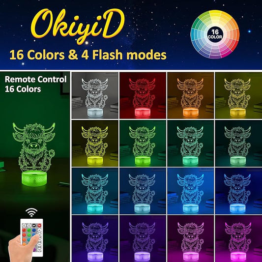 OkiyiD Highland Cow Gifts for Boys Girls,Highland Cow Night Light 3D Illusion lamp with 16 Colors Changing,Moo Decor for Kids Room Decor Birthday Gifts