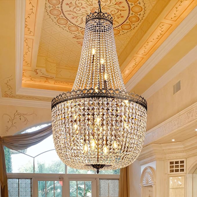 Wellmet French Empire Crystal Chandelier, 18 Lights Antique Bronze Chandeliers Rustic Farmhouse Chandelier High Ceiling Hanging Pendant Light Fixture for Entryway Foyer Dining Living Room 28" W