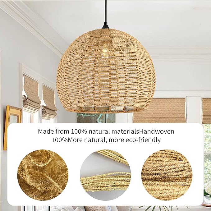 16.1 inch Hemp Rope Woven Pendant Light Wicker Pendant Light Rattan Light Fixture Boho Chandelier Farmhouse Chandelier Dome Pendants Light for Dining Room Bedroom Kitchen