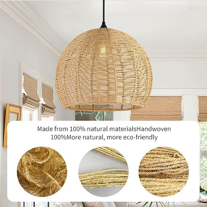 16.1 inch Hemp Rope Woven Pendant Light Wicker Pendant Light Rattan Light Fixture Boho Chandelier Farmhouse Chandelier Dome Pendants Light for Dining Room Bedroom Kitchen