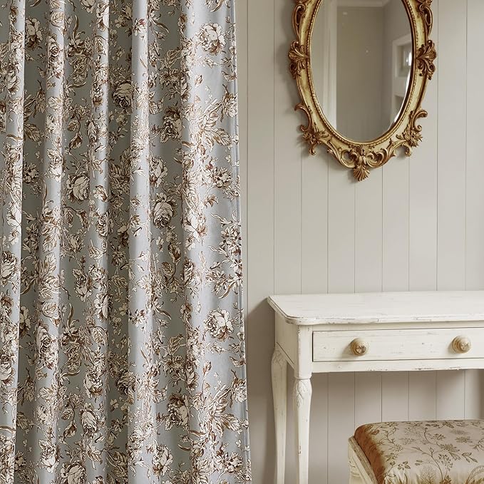 StangH Vintage Velvet Floral Curtains for Bedroom, Rose Pattern Printed Curtains with Classic Style Energy Efficient Decorative Panels for Sliding Door,Pea Green, W52 x L84, 2 Panels