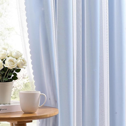 XiDi Sky Blue Blackout Curtains with Sheer Overlay Mix and Match Double Layer Thermal Insulated Window Panels 90 inch for Living Room Bedroom Blue Drapes with Tiebacks Grommet Top 52" Wx90 Lx2