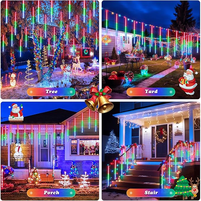 JMEXSUSS Solar Meteor Shower Rain Lights, 8 Tube 144 LEDs Multicolor Solar Christmas Lights, Led Falling Rain Christmas Light for Xmas Tree Wedding Holiday Party Patio Decoration