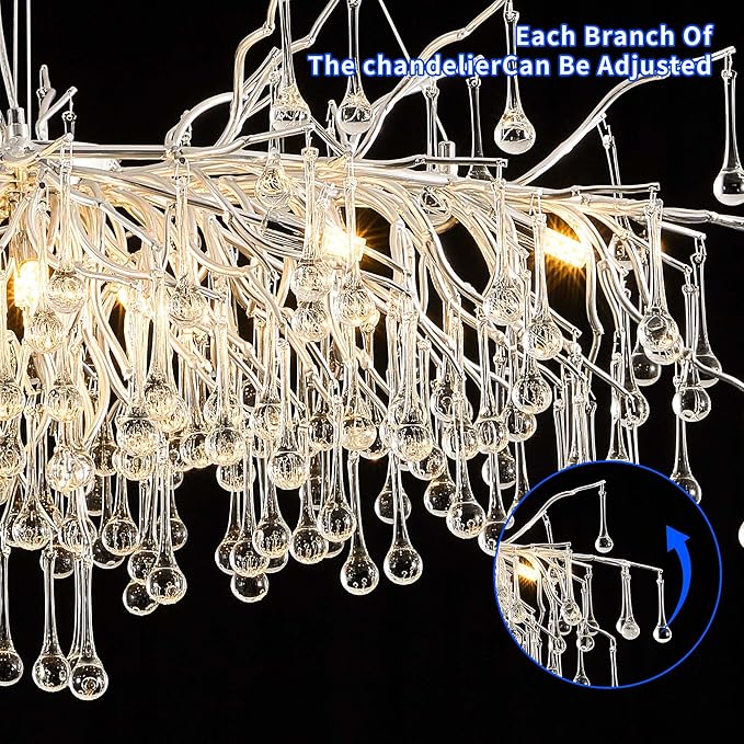 Modern Crystal Raindrop Chandelier, L40'' Silver Linear Rectangle Art Deco Tree Branch Lighting Fixture for Kitchen Island Living Room Foyer Staircase 10 Lights