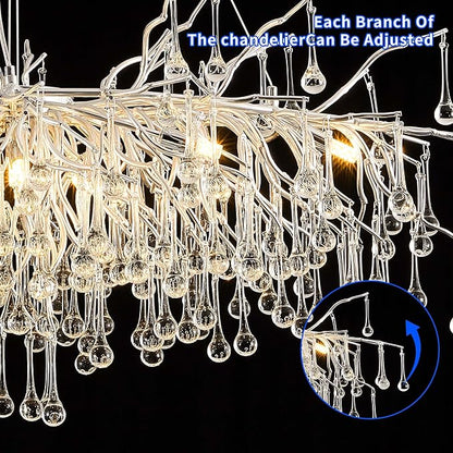 Modern Crystal Raindrop Chandelier, L40'' Silver Linear Rectangle Art Deco Tree Branch Lighting Fixture for Kitchen Island Living Room Foyer Staircase 10 Lights
