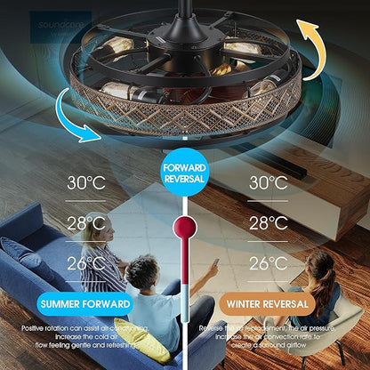 SHIHOT 18" Black Caged Ceiling Fan with Lights, Bladeless Industrial Ceiling Fan with Remote, 6 Speeds, Farmhouse Ceiling Fan Light Fixture for Kitchen, Bedroom(Bulbs Not Included)