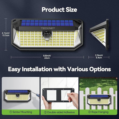 TECKNET 4200LM 416 LED Solar Lights Outdoor IP66 Waterproof,Solar Motion Lights Outdoor with 300° Angle & 3 Lighting Modes,Solar Outdoor Lights for Patio Yard Deck Front Garden Garage- 4 Pack
